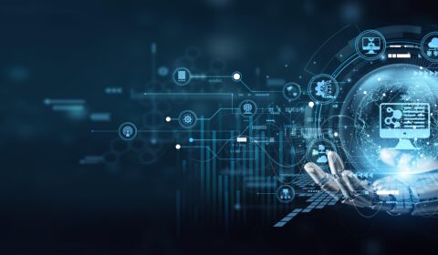 Robotic hand interacting with a holographic globe surrounded by AI, IoT, cloud and network icons, representing connected technology in modern maintenance management systems.